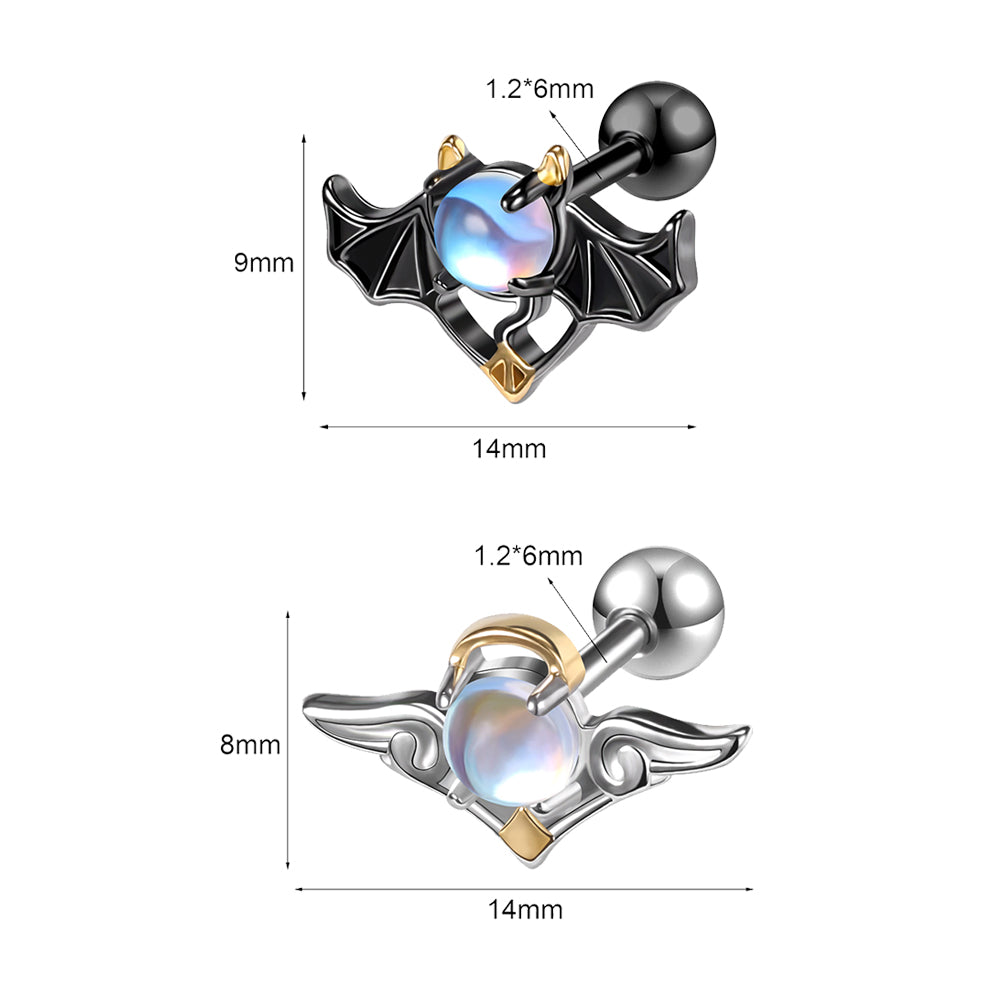 16G Demon Angel Insert Stone Stud Earring Silver Black Tragus Helix Conch Piercing