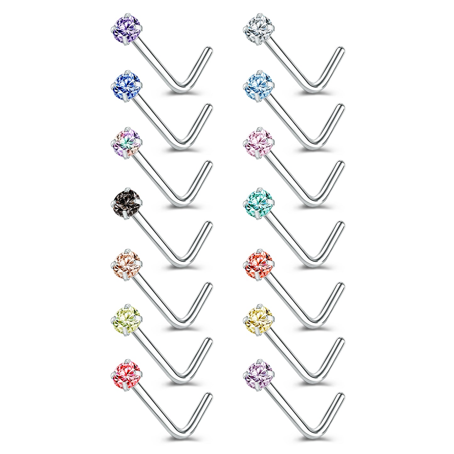 14Pcs/Set Cubic Zirconia Nose Stud Piercing L Shaped-Economic Set