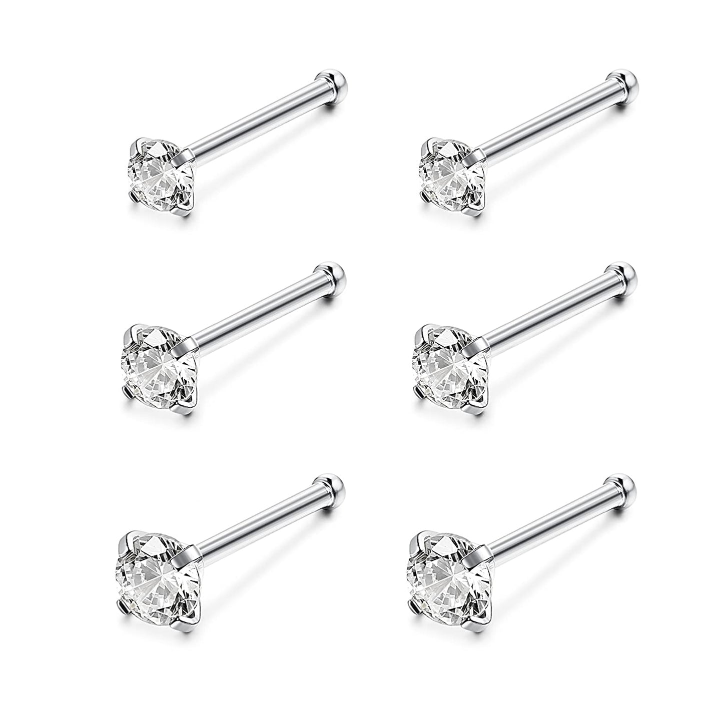 6Pcs/Set Silver Nose Stud Rings Crystal Nose Bone Piercing-Economic Set