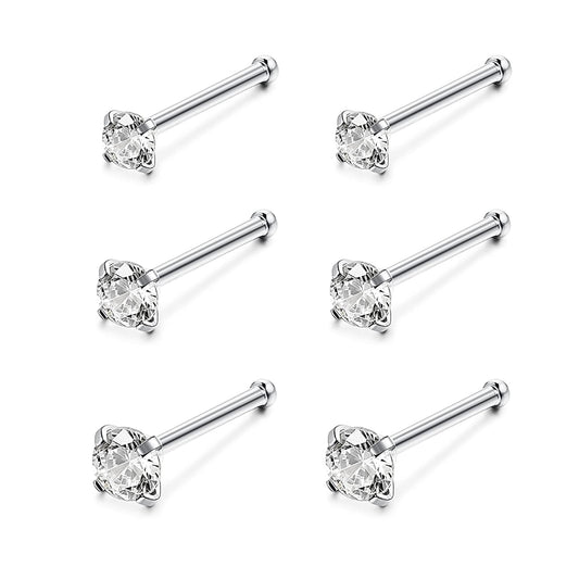 6Pcs/Set Silver Nose Stud Rings Crystal Nose Bone Piercing-Economic Set