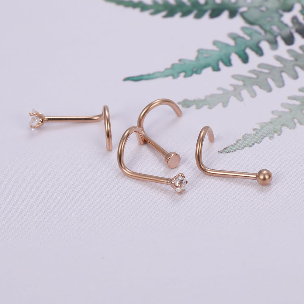 4 pcs/set 20g Thin Rose Gold Nose Rings Piercing Crystal Zirconia Curve Nose Studs-Economic Set