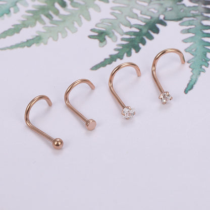 4 pcs/set 20g Thin Rose Gold Nose Rings Piercing Crystal Zirconia Curve Nose Studs-Economic Set