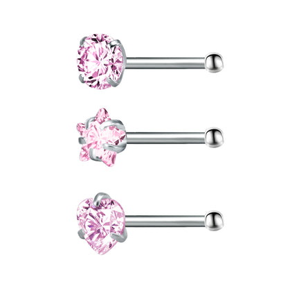 3pcs/set 20g Nose Studs Round Star Heart Shape Cubic Zirconia Nose Piercing-Economic Set