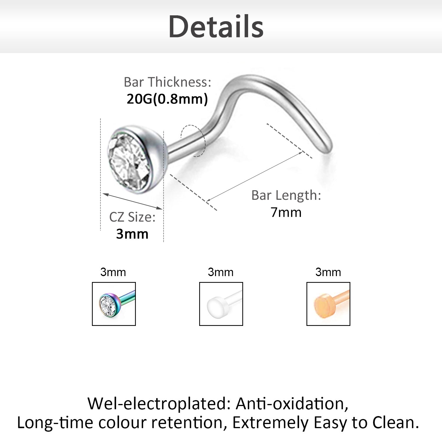 Gold Nose Stud Titanium Screw Curved Hook Clear CZ Gem 18G Gold Nose Stud Titanium Screw Curved Hook Clear CZ Gem 18G