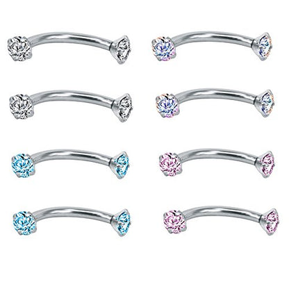 8Pcs 16G Stainless Steel Cubic Zirconia Curved Barbell Eyebrow Ring Daith Rook Piercing-Economic Set