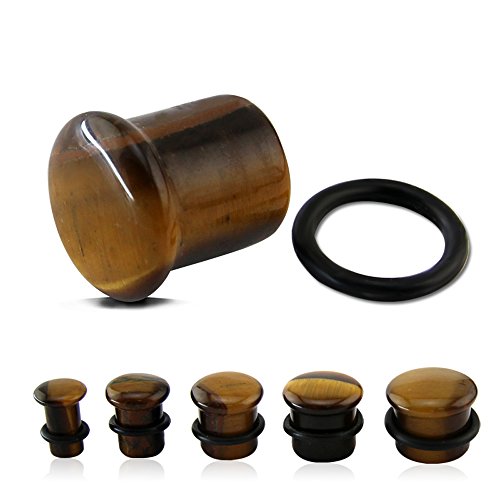 Tiger Eye Natural Stone Brown Ear Plugs Single Flare Ear Gauges Expander with O-Ring