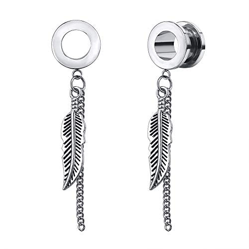 Surgical Steel Ear Tunnel Feather Chain Dangle Gauge Flesh Tunnel