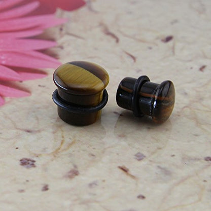 Tiger Eye Natural Stone Brown Ear Plugs Single Flare Ear Gauges Expander with O-Ring