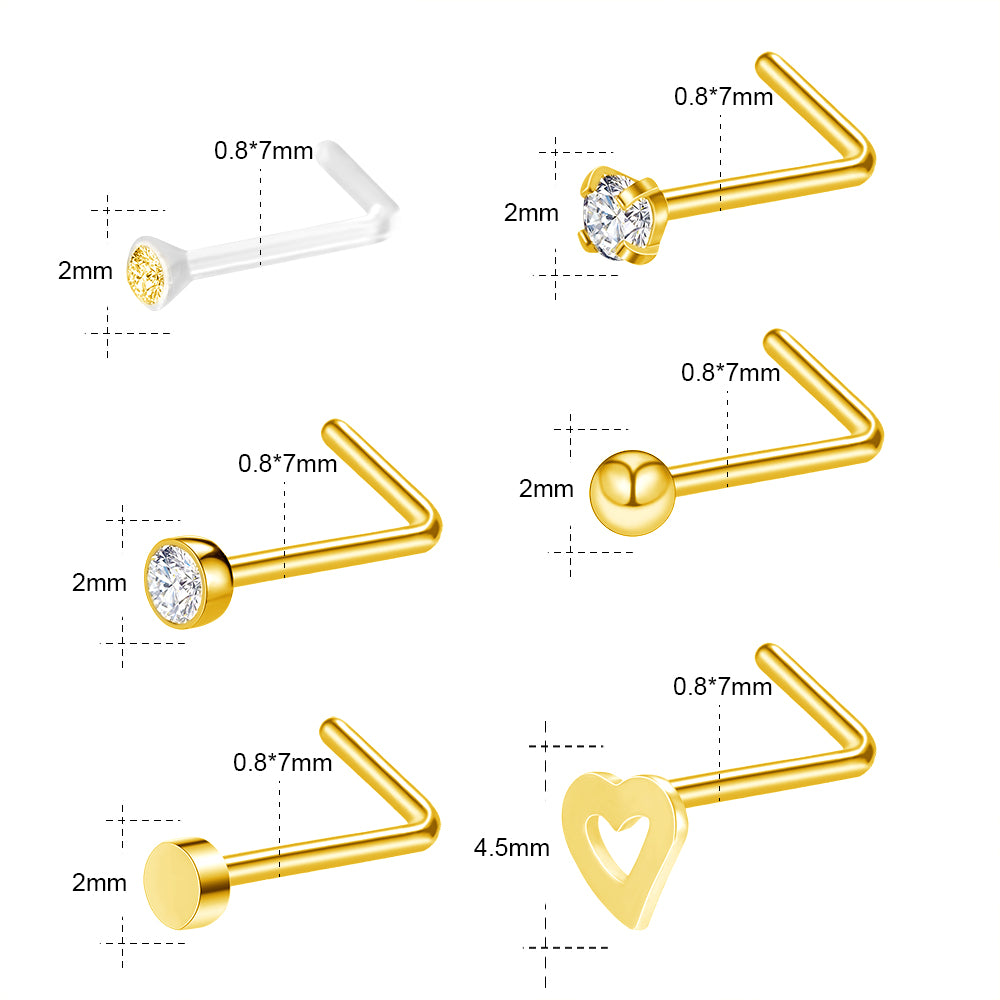 6Pcs-Set-Gold-L-Shaped-Nose-Stud-Rings-Clear-Bioflex-Nose-Piercing-Economic-Set