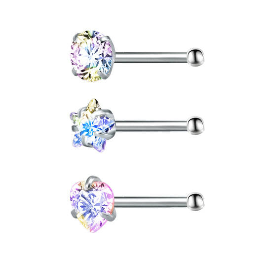 3pcs/set 20g Nose Studs Round Star Heart Shape Cubic Zirconia Nose Piercing-Economic Set