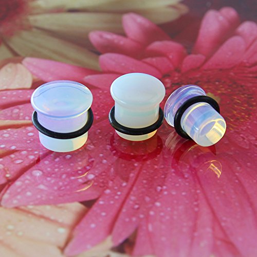 ZS Single Flare Clear Opalite Moonstone Ear Plugs and Tunnels with O-Ring Stretcher Expander Pair