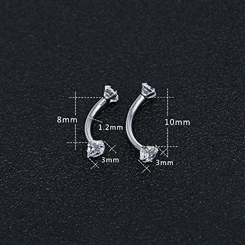 8Pcs 16G Stainless Steel Cubic Zirconia Curved Barbell Eyebrow Ring Daith Rook Piercing-Economic Set