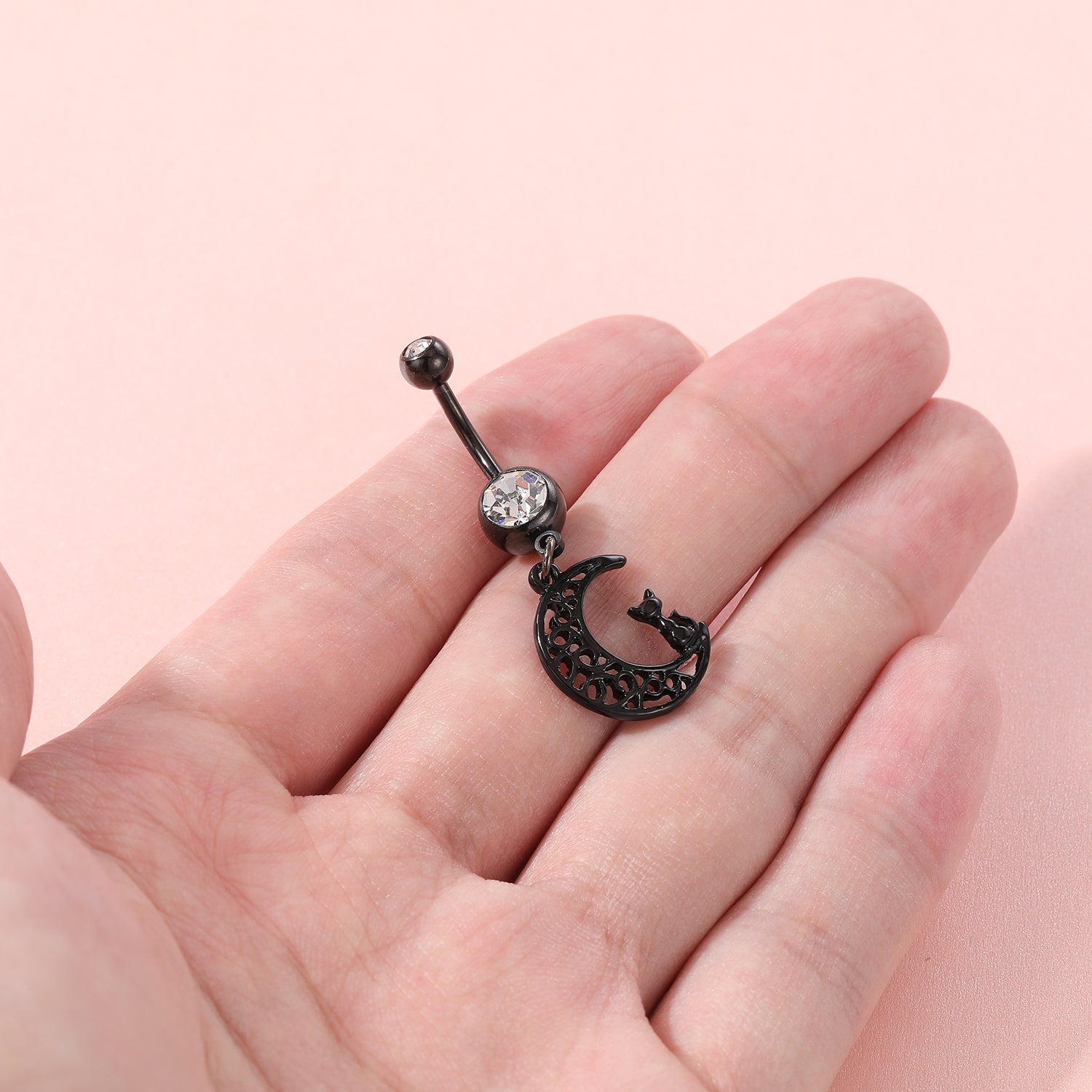 Moon-Cat-Dangle-Belly-Rings-Black-Stainless-Steel