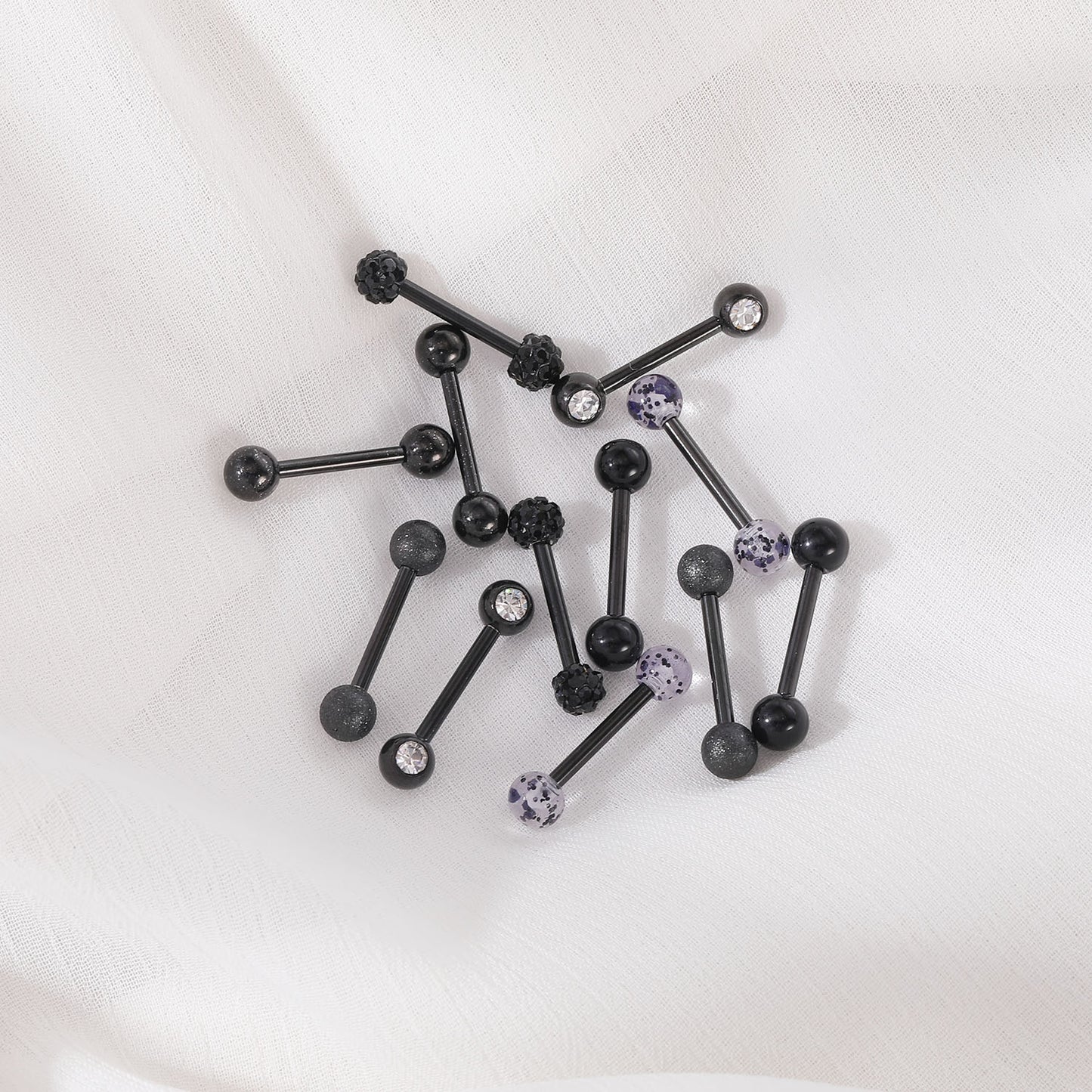 12Pcs/Set 14g Black Crystal Tongue Rings Ball Tongue Piercing Barbell-Economic Set