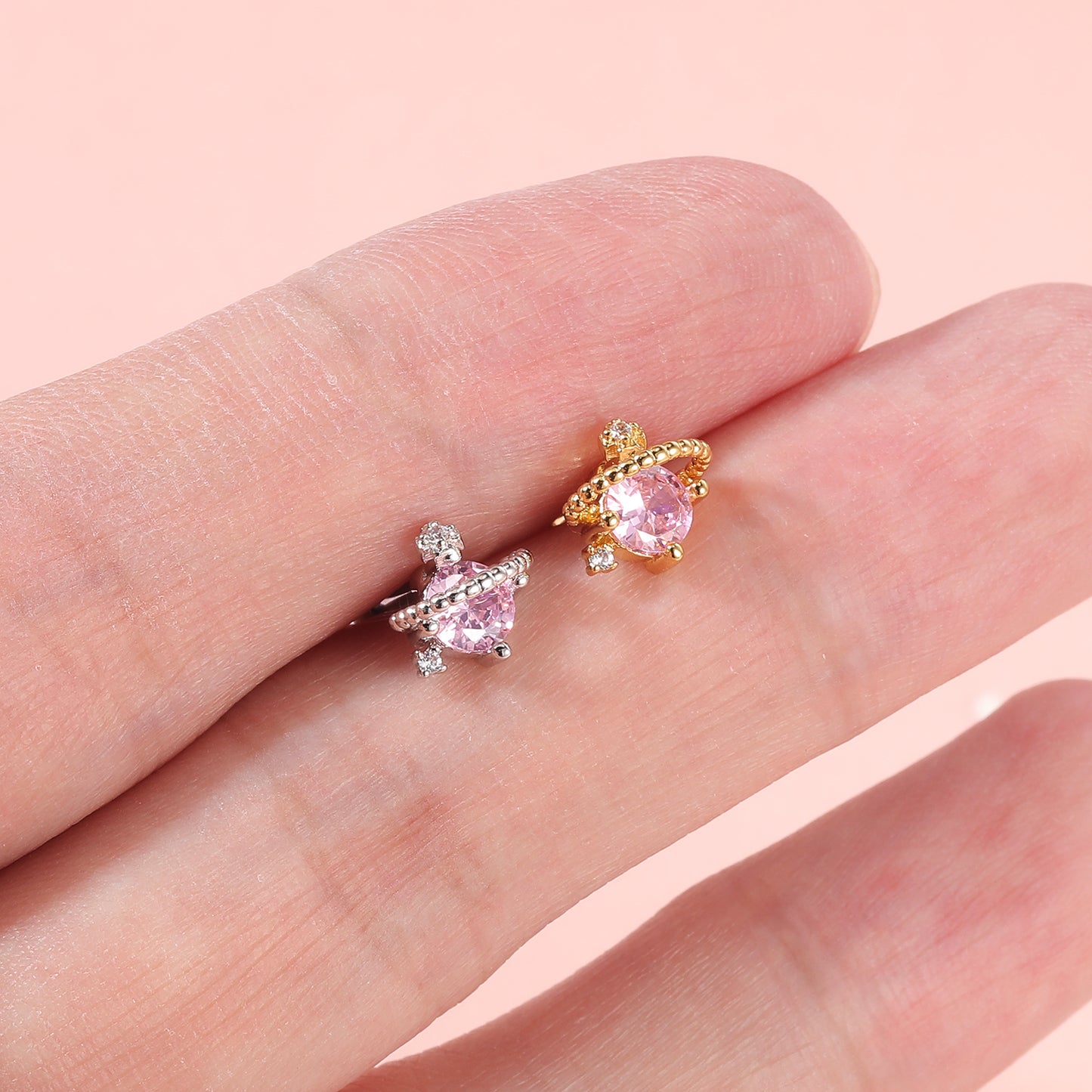 16G Pink Crystal Stud Earring Round Zircon Ear Stud Jewelry