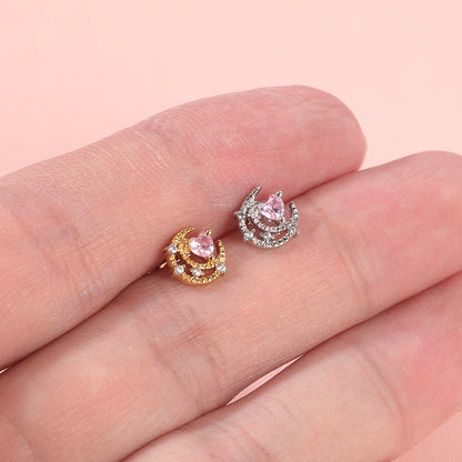 16G Pink Heart Stud Earring Moon Ear Stud Jewelry