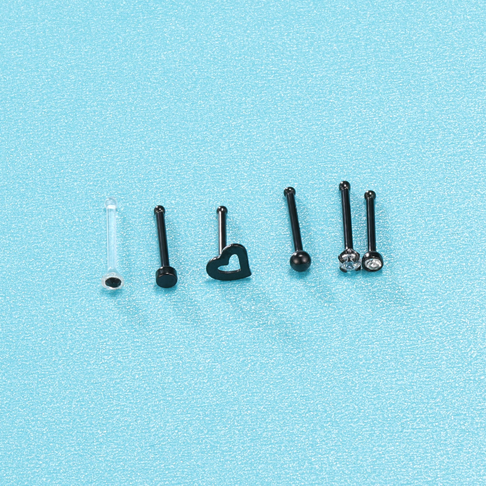 6Pcs-Set-Black-Nose-Stud-Rings-Clear-Bioflex-Nose-Bone-Piercing-Economic-Set