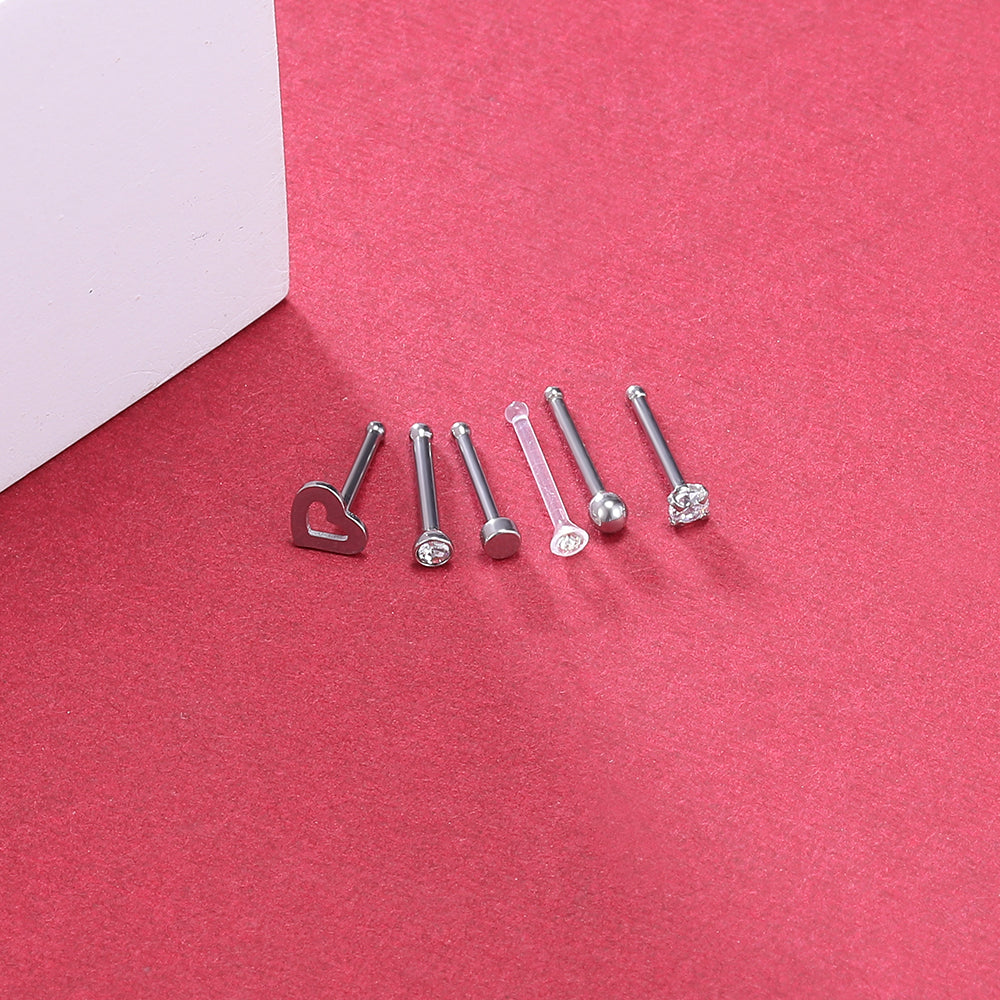 6Pcs-Set-Silver-Nose-Stud-Rings-Clear-Bioflex-Nose-Bone-Piercing-Economic-Set