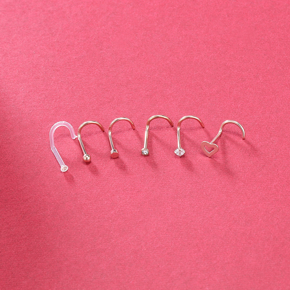 6Pcs-Set-Rose-Gold-Nose-Stud-Rings-Clear-Bioflex-Nose-Screw-Piercing-Economic-Set