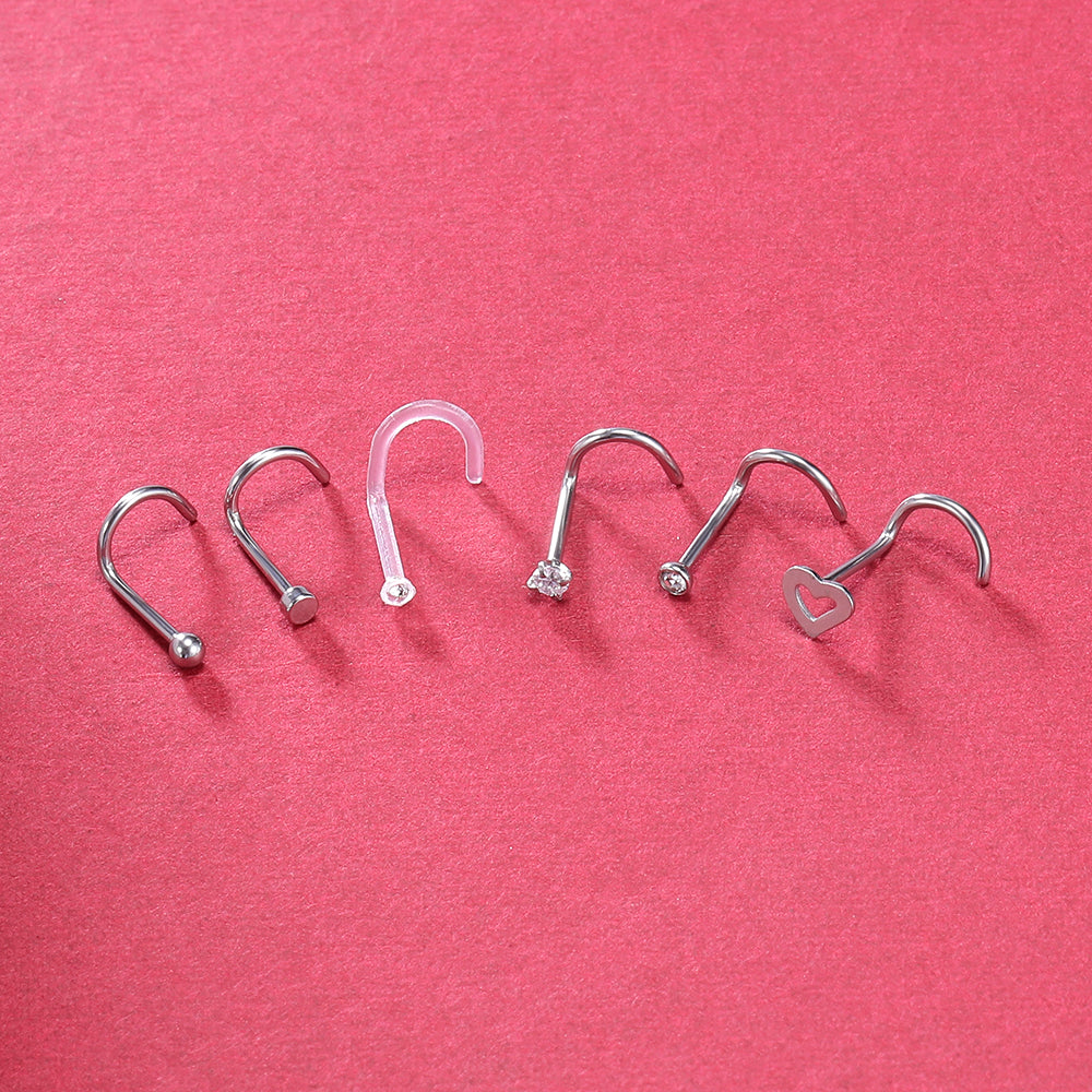 6Pcs-Set-Silver-Nose-Stud-Rings-Clear-Bioflex-Nose-Screw-Piercing-Economic-Set