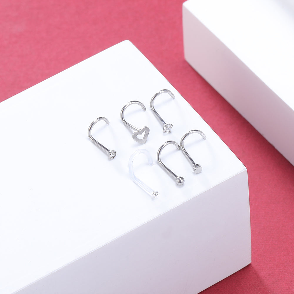 6Pcs-Set-Silver-Nose-Stud-Rings-Clear-Bioflex-Nose-Screw-Piercing-Economic-Set