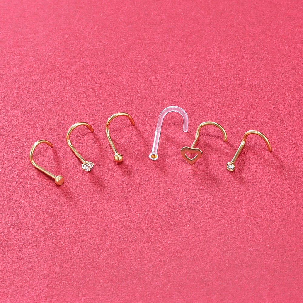 6Pcs-Set-Gold-Nose-Stud-Rings-Clear-Bioflex-Nose-Screw-Piercing-Economic-Set