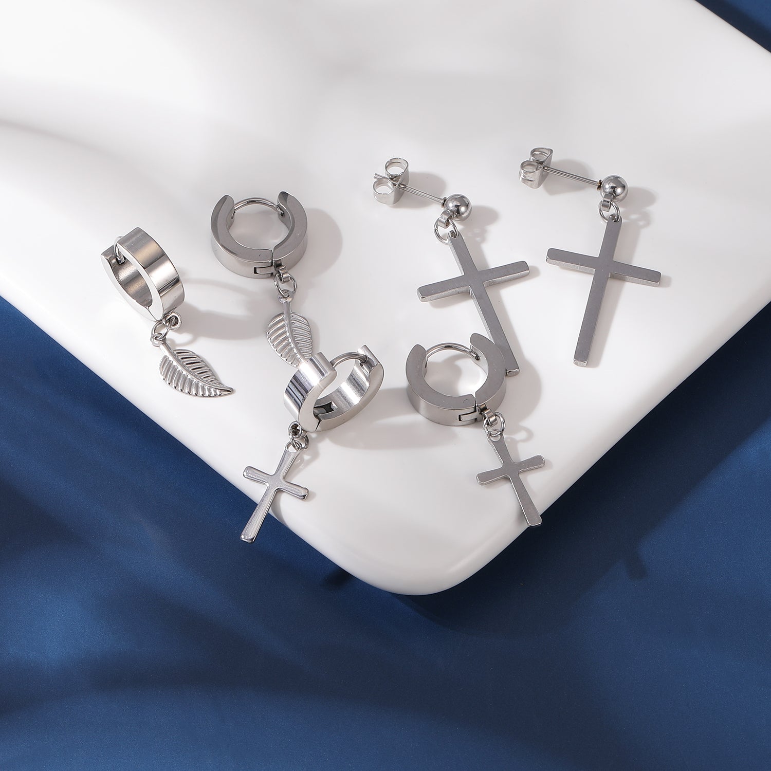 18pcs-set-cross-leaf-stud-earring-silver-black-ear-stud-economic-set