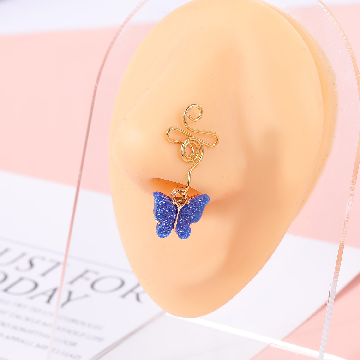 16g-gold-stainless-steel-u-shaped-nose-clip-drop-butterfly-black-blue-fake-nose-ring