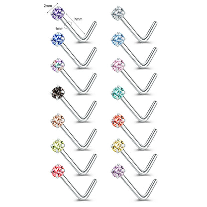 14Pcs/Set Cubic Zirconia Nose Stud Piercing L Shaped-Economic Set