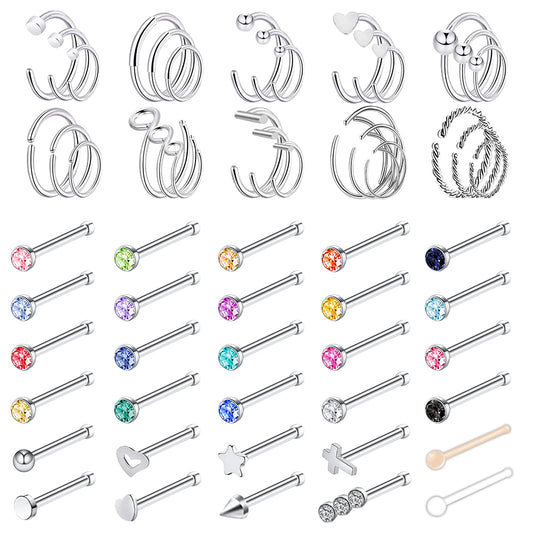 60-Pcs-Set-Stainless-Steel-Nose-Rings-Crystal-Acrylic-Nose-Bone-Piercing-Economic-Set