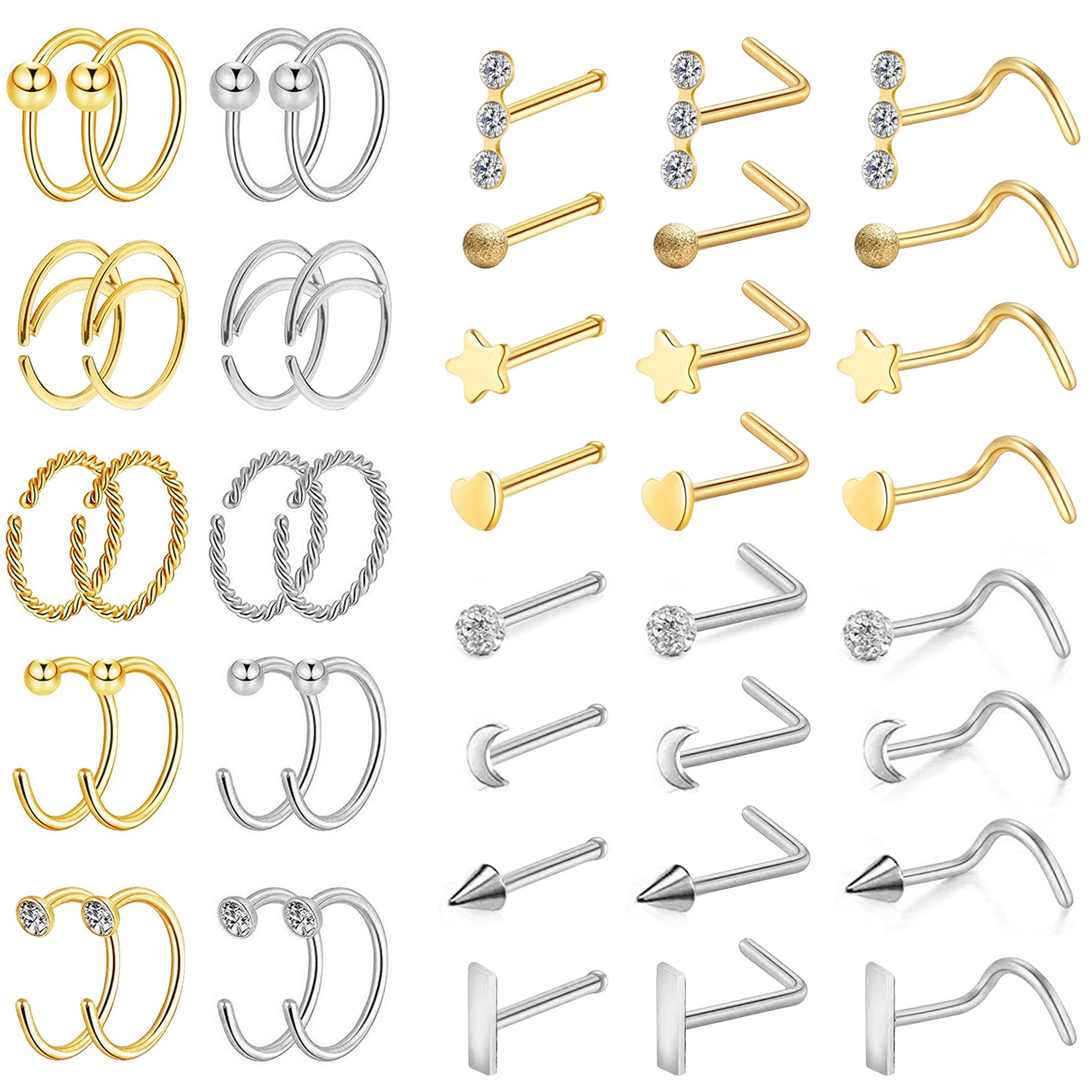 44-Pcs-Set-Stainless-Steel-Nose-Rings-Crystal-Nose-Bone-L-Shaped-Nose-Screws-Economic-Set