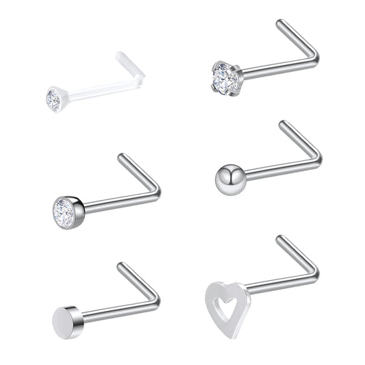 6Pcs-Set-Silver-L-Shaped-Nose-Stud-Rings-Clear-Bioflex-Nose-Piercing-Economic-Set