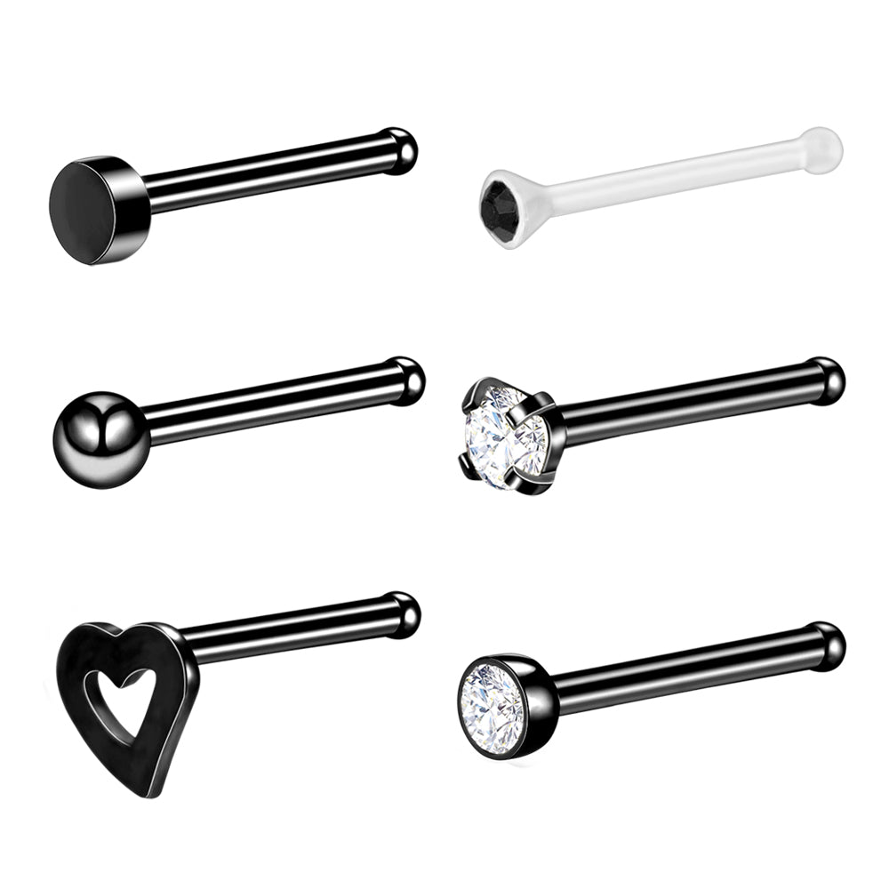 6Pcs-Set-Black-Nose-Stud-Rings-Clear-Bioflex-Nose-Bone-Piercing-Economic-Set