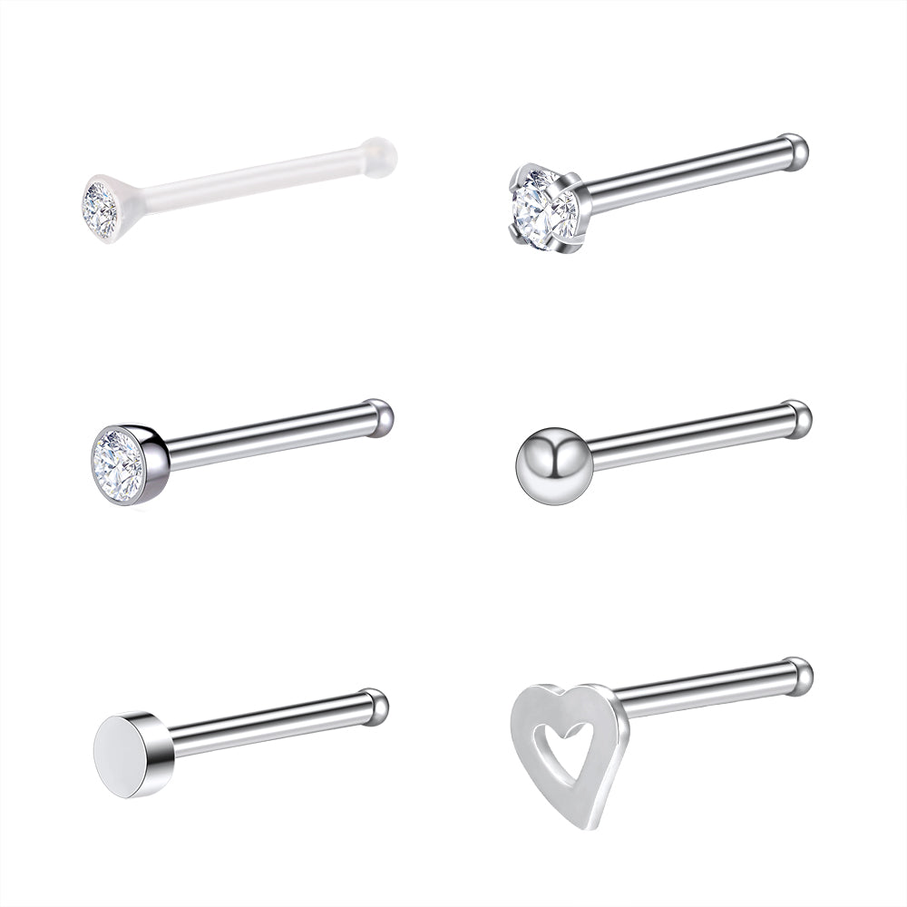 6Pcs-Set-Silver-Nose-Stud-Rings-Clear-Bioflex-Nose-Bone-Piercing-Economic-Set