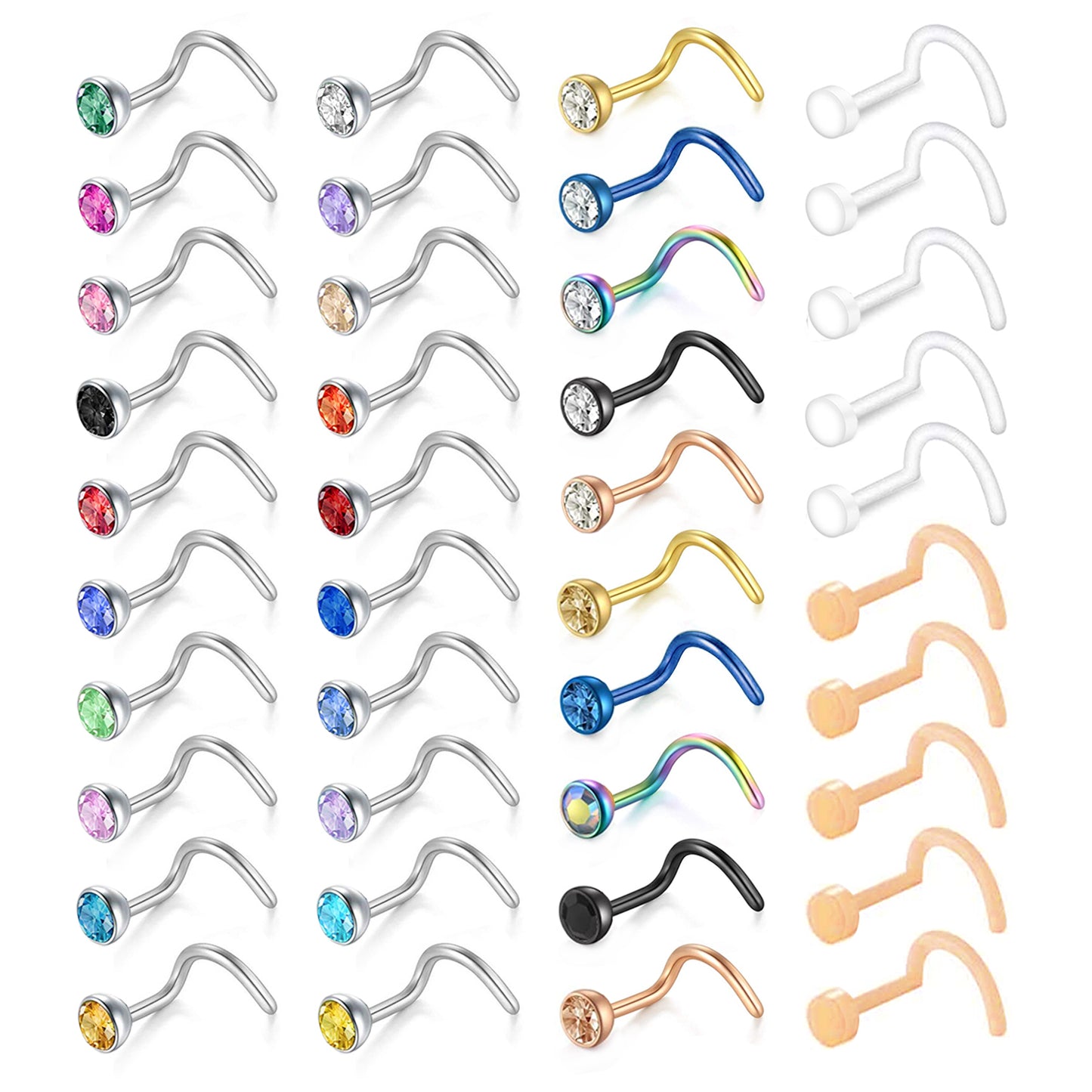 40-Pcs-Set-20g-Nose-Screw-Rings-Multicolor-Clear-Bioflex-Nose-Piercing-Economic-Set