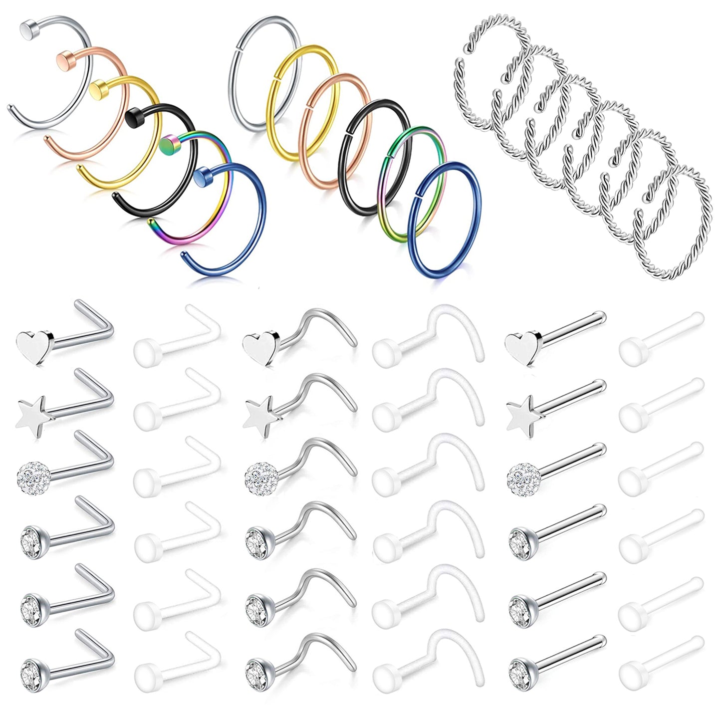 54-pcs-Set-Stainless-Steel-Clear-Bioflex-Nose-Rings-Nose-Bone-L-Shaped-Nose-Screws-Economic-Set