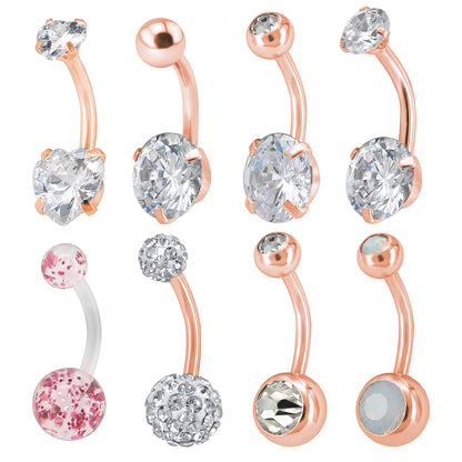 7 Pcs Rose Gold Belly Button Rings Crystal Zirconia Opal Navel Piercing - Economic Set