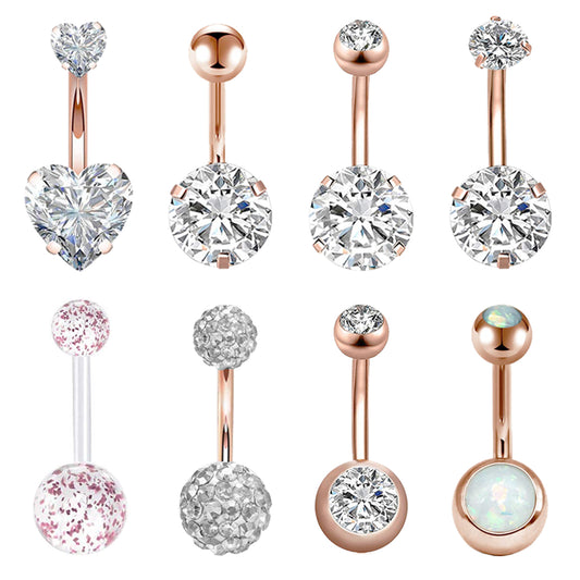 7 Pcs Rose Gold Belly Button Rings Crystal Zirconia Opal Navel Piercing - Economic Set