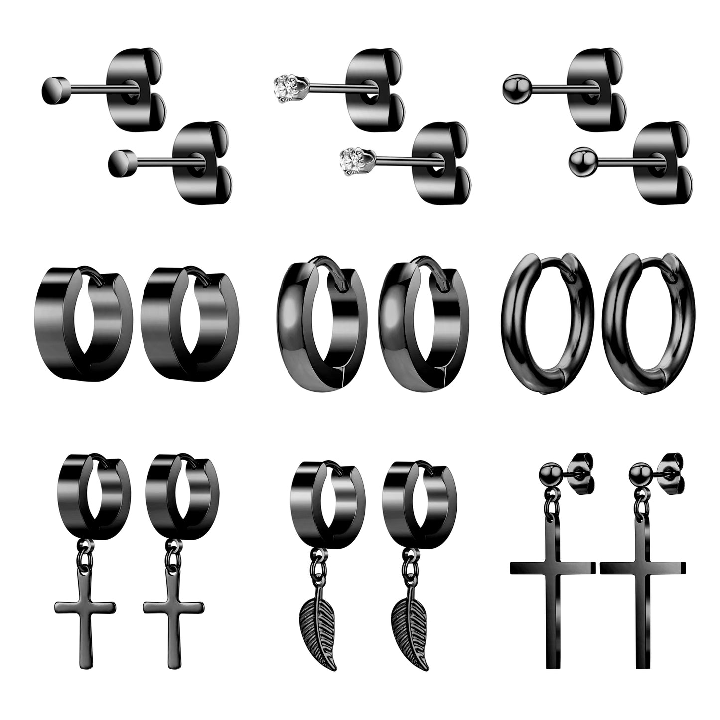 18pcs-set-cross-leaf-stud-earring-silver-black-ear-stud-economic-set