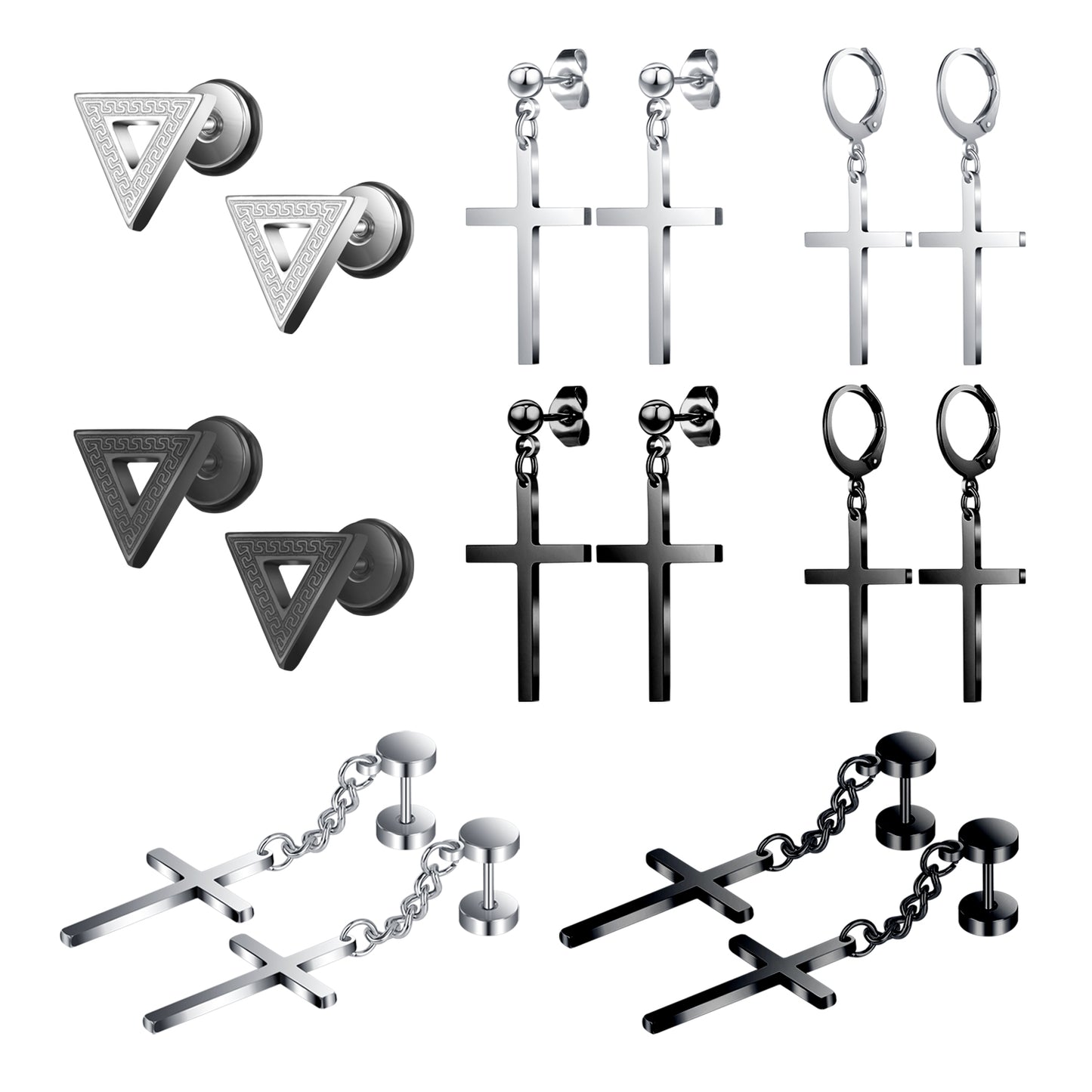 16pcs-set-cross-triangle-stud-earring-silver-black-ear-stud-economic-set