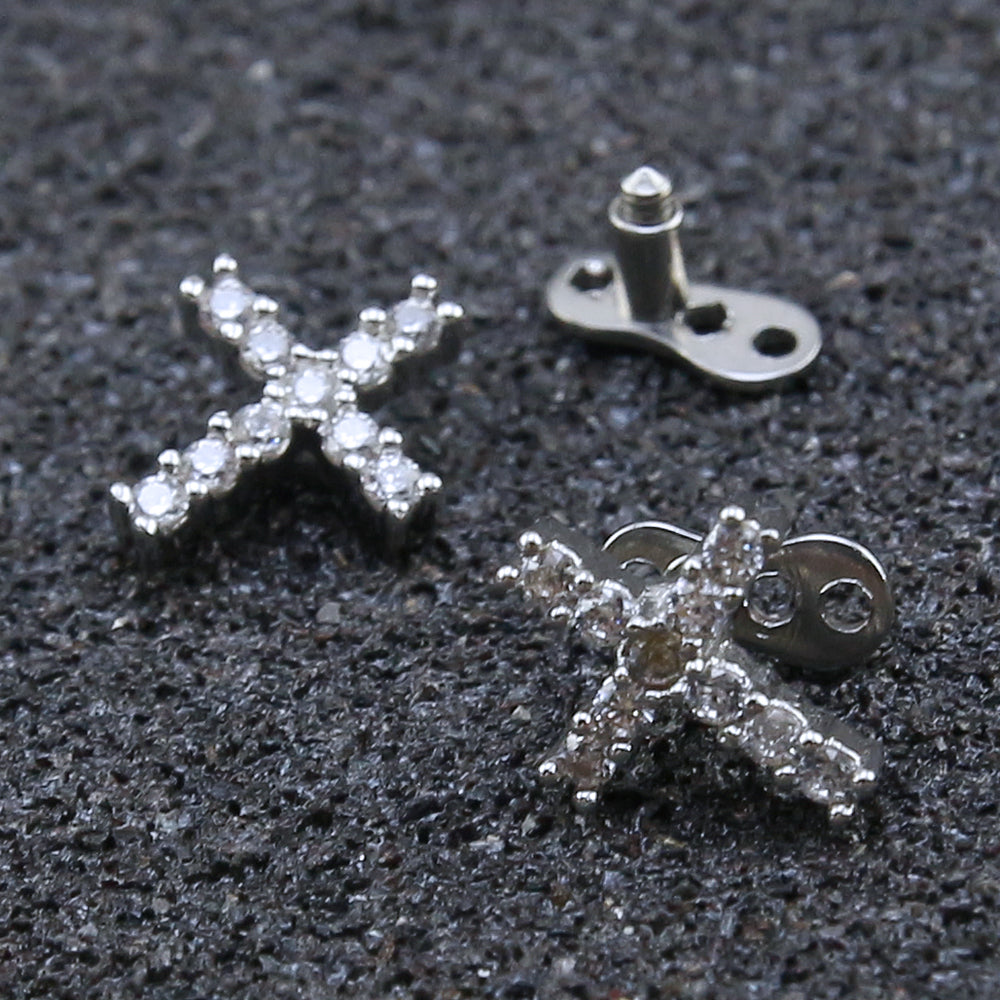 14g Cross Cubic Zirconia Dermal Anchor Tops & Surgical Steel Base Microdermals