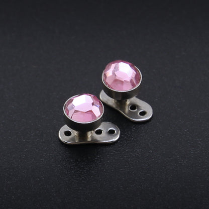 2 Pieces 14g Pink Crystal Dermal Anchor Tops & Surgical Steel Base Micro dermals