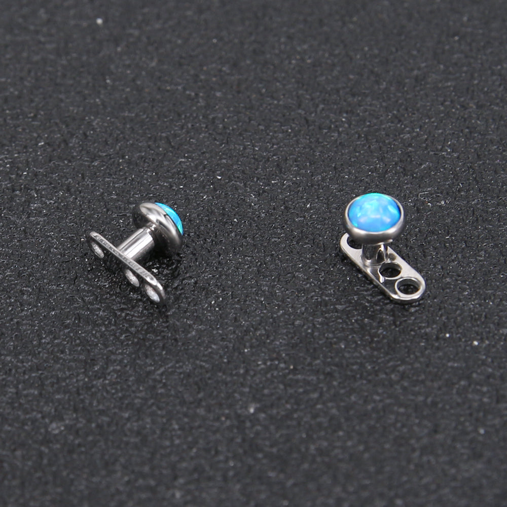 2 Pcs 14g Blue Opal  Dermal Anchor Tops & Surgical Steel Base Microdermals