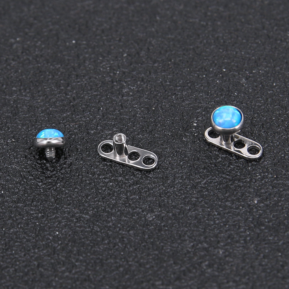 2 Pcs 14g Blue Opal  Dermal Anchor Tops & Surgical Steel Base Microdermals