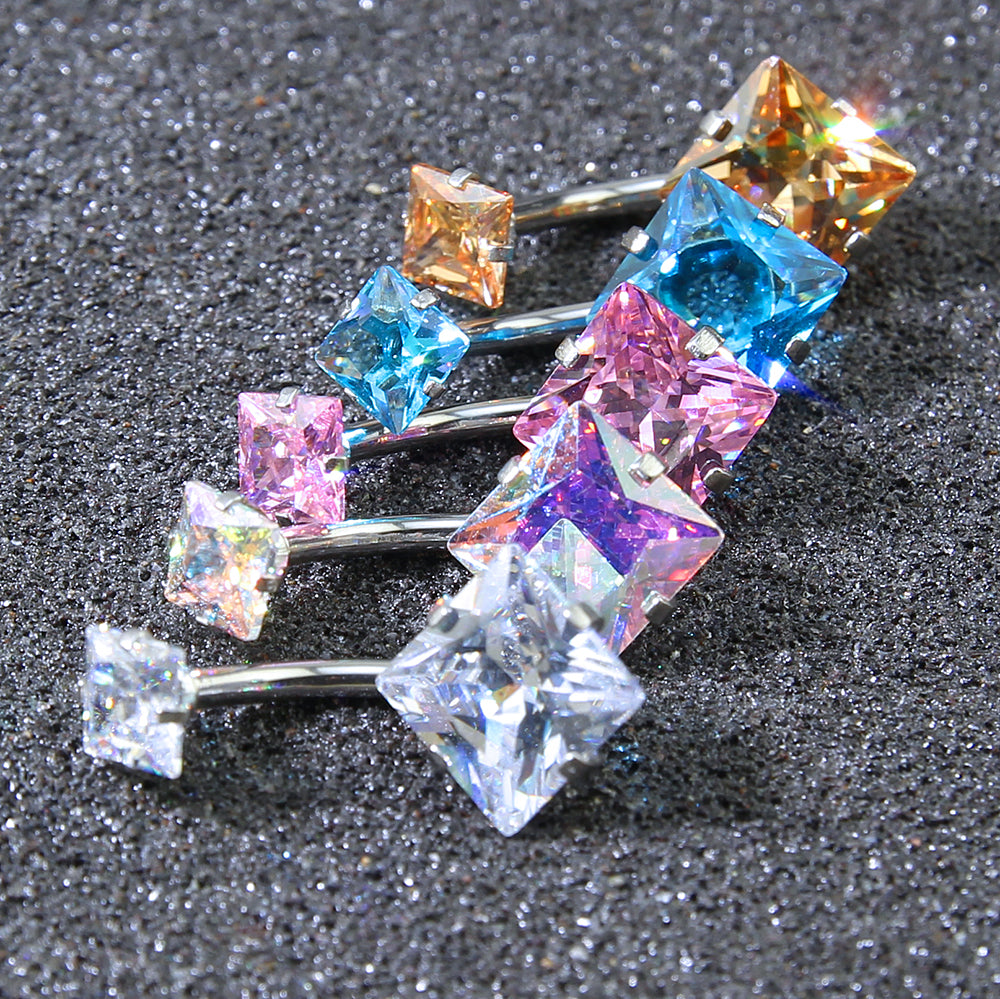 14g Square Zirconia Belly Button Rings Stainless Steel Belly Navel Piercing Jewelry