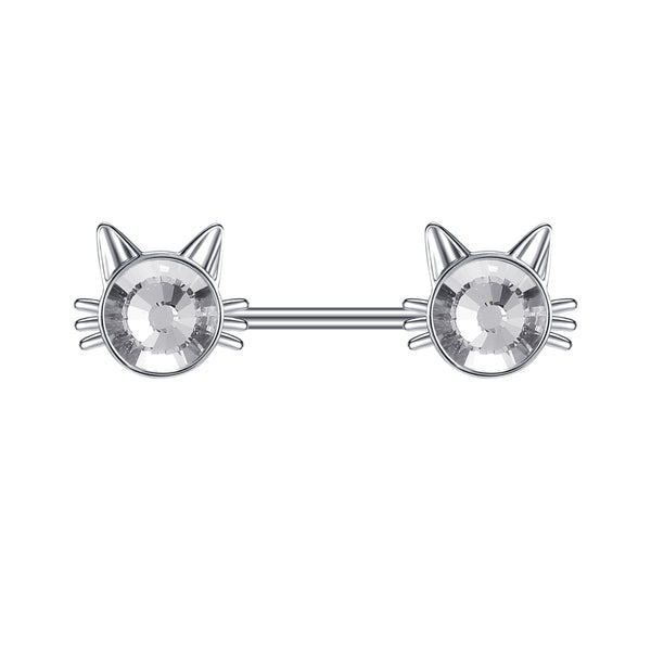 2Pcs CZ Crystal Cute Cat Nipple Rings Surgical Steel Bar Nipple