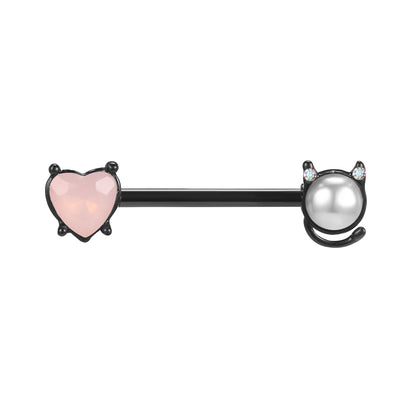 2pcs 14G Cat & Pearl Nipple Barbell Ring Pink Heart Nipple Piercing