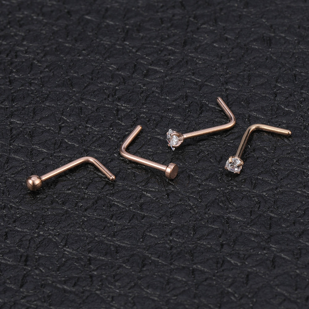 4 pcs/set 20g Thin Rose Gold Nose Rings, L Shape Nose Studs-Economic Set