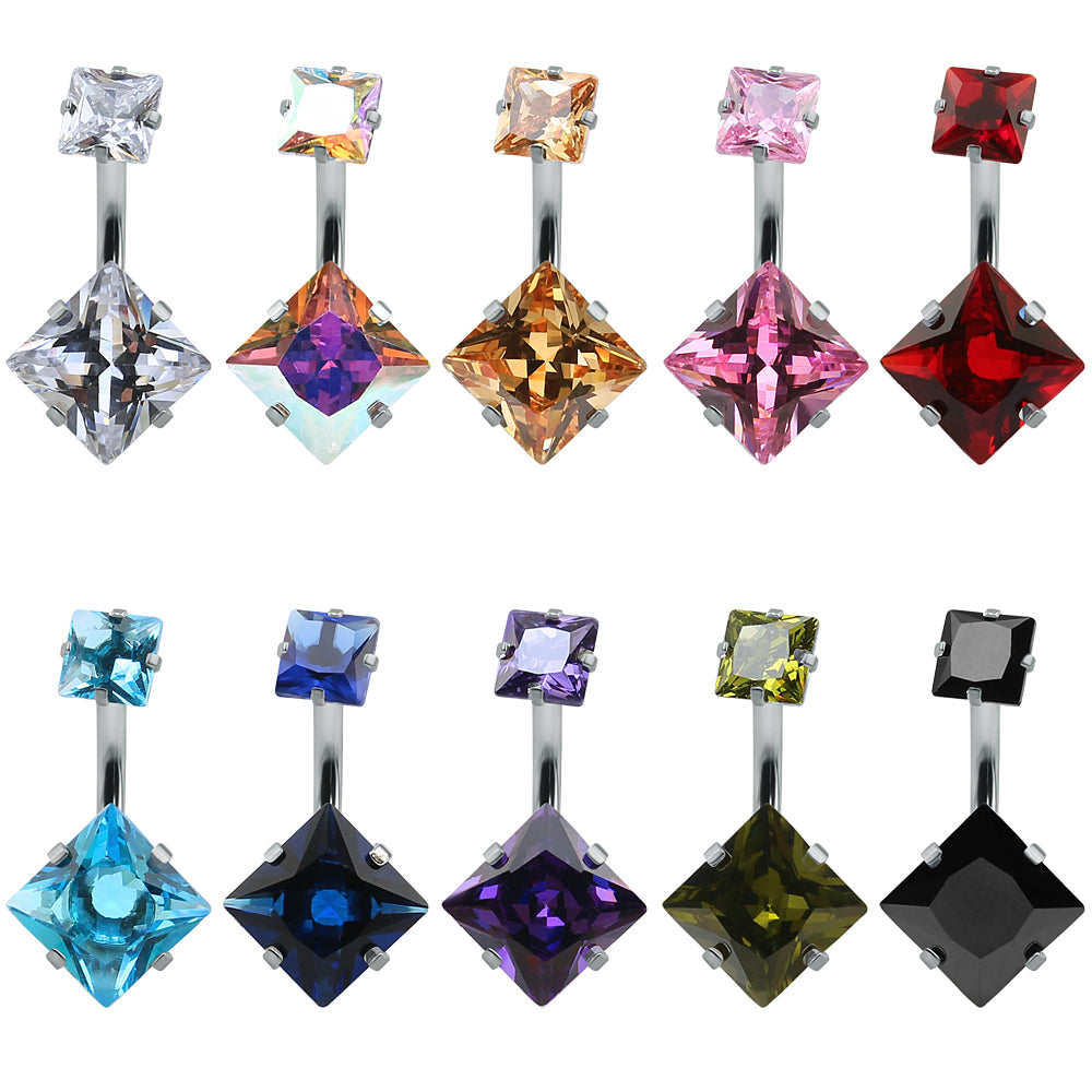 14g Square Zirconia Belly Button Rings Stainless Steel Belly Navel Piercing Jewelry