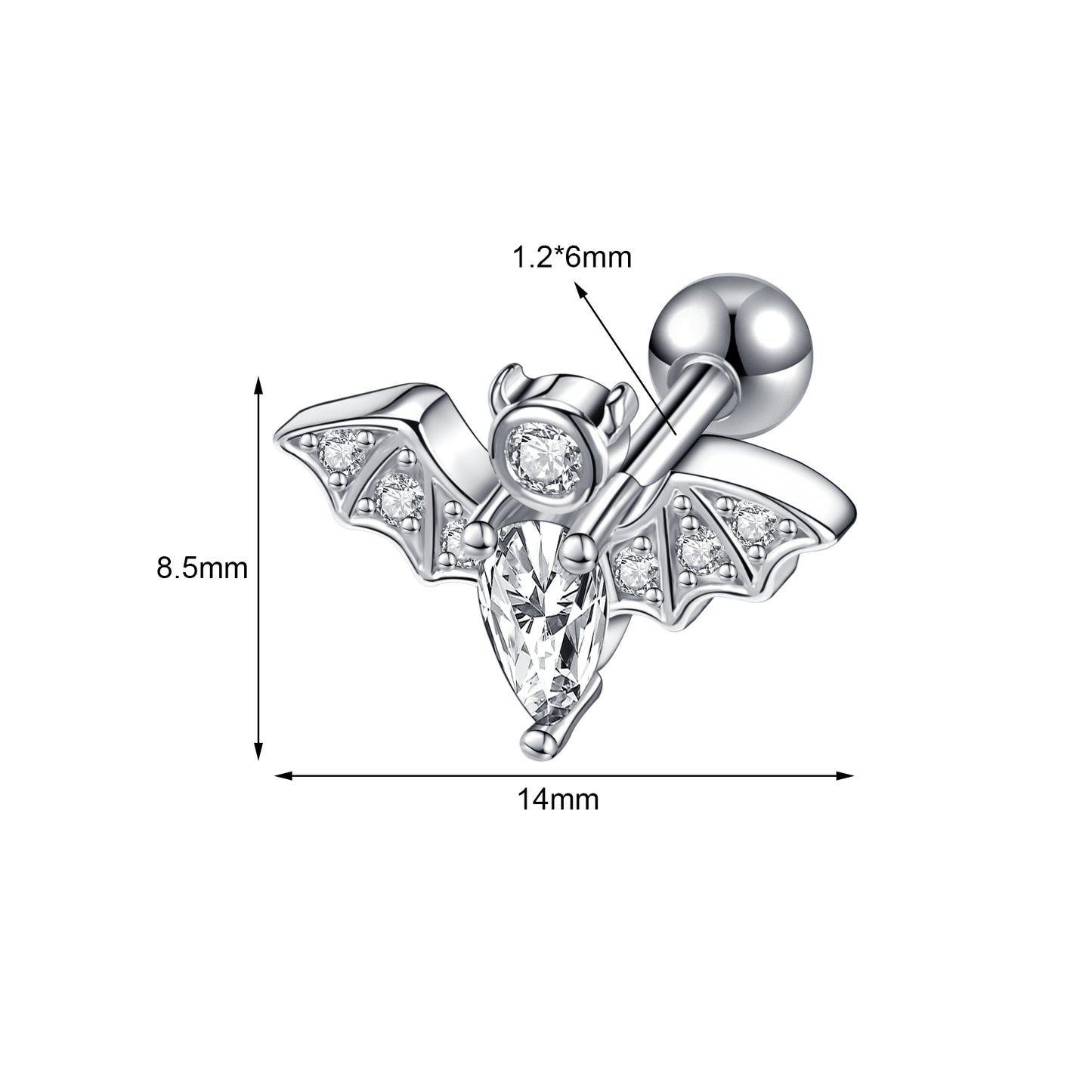 16G Bat Crystal Stud Earring Punk Style Ear Stud Jewelry